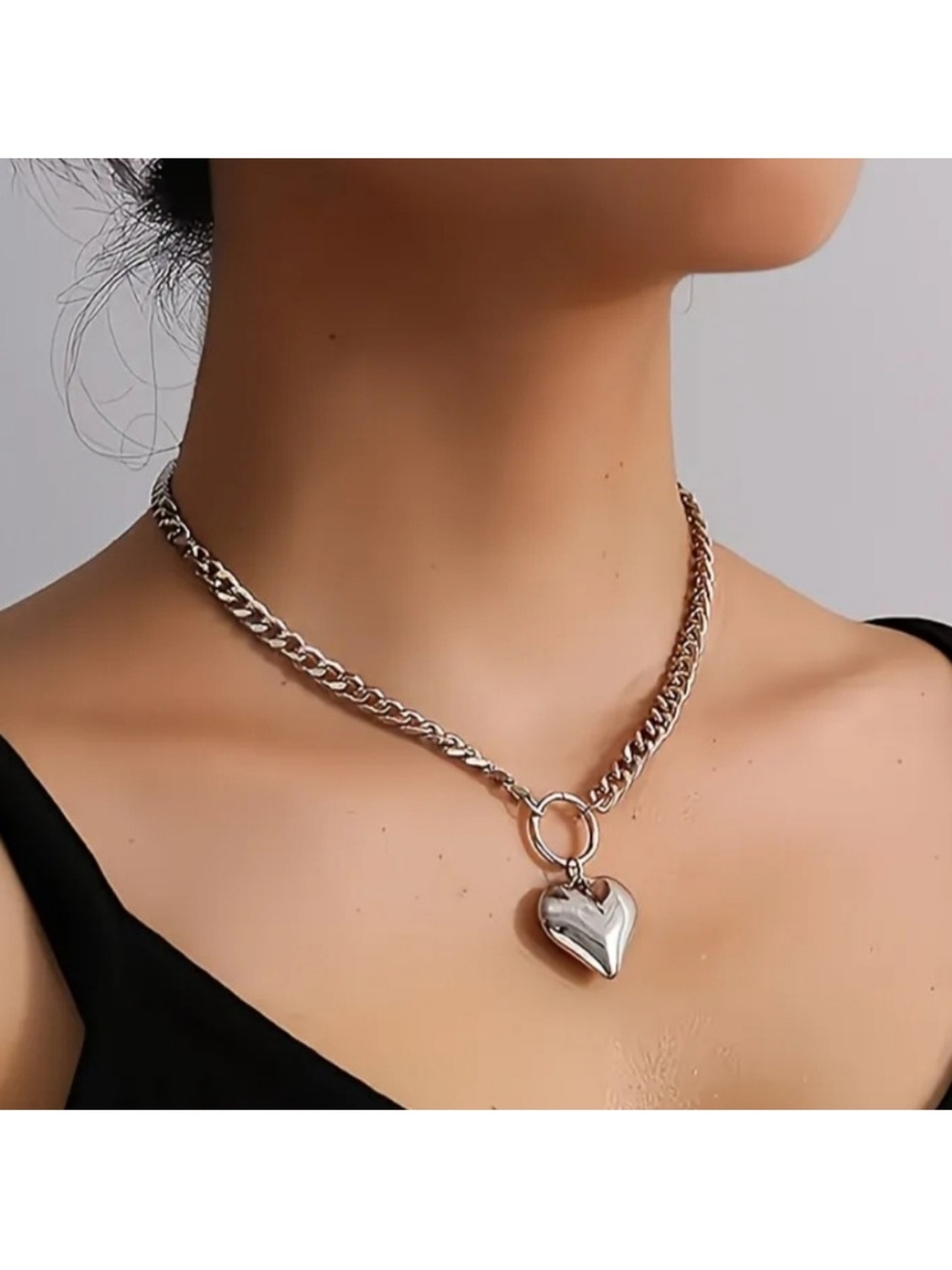 🩶 New Stainless Steel Chunky Heart Pendent Necklace Silver 18 inches